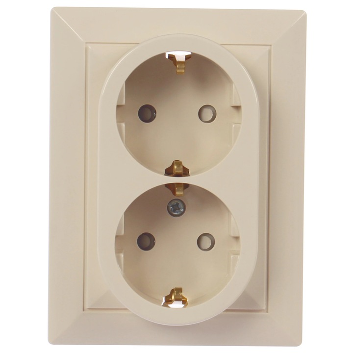 Priza dubla Abex Perla PT-7P, incastrat, rama inclusa, contact de protectie, bej