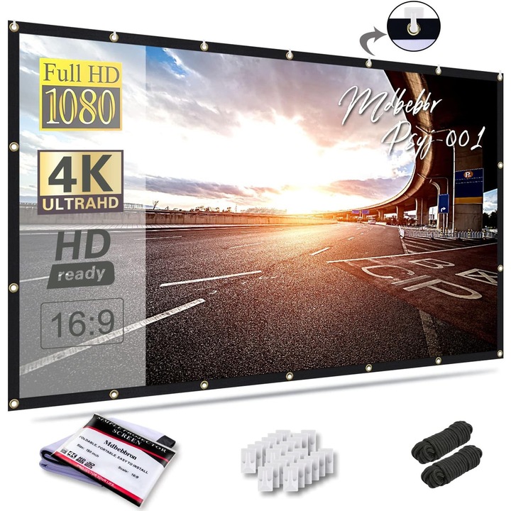 Ecran de Proiectie BYONDSELF®, 150 Inch, 16:9, Fata-Verso, Suport 4K/1080P/3D, Textil Pliabil, Usor de Montat, pentru Home Cinema, Scoala si Prezentari