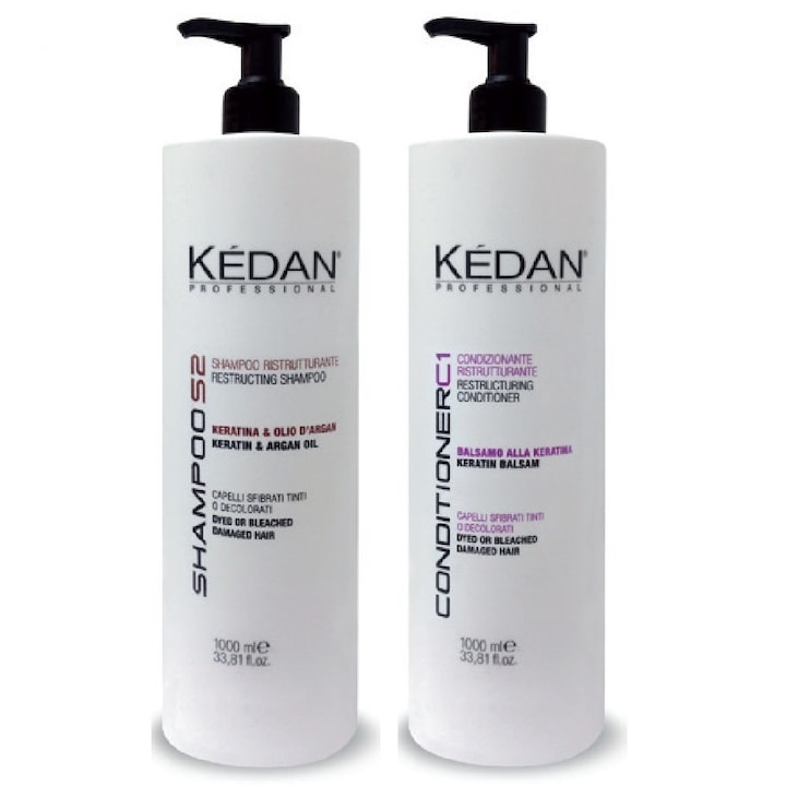 Комплект Kedan, Възстановяваща терапия Кератин и Арган: Шампоан 1000 мл + Балсам 1000 мл, за суха и изтощена коса, 2 части