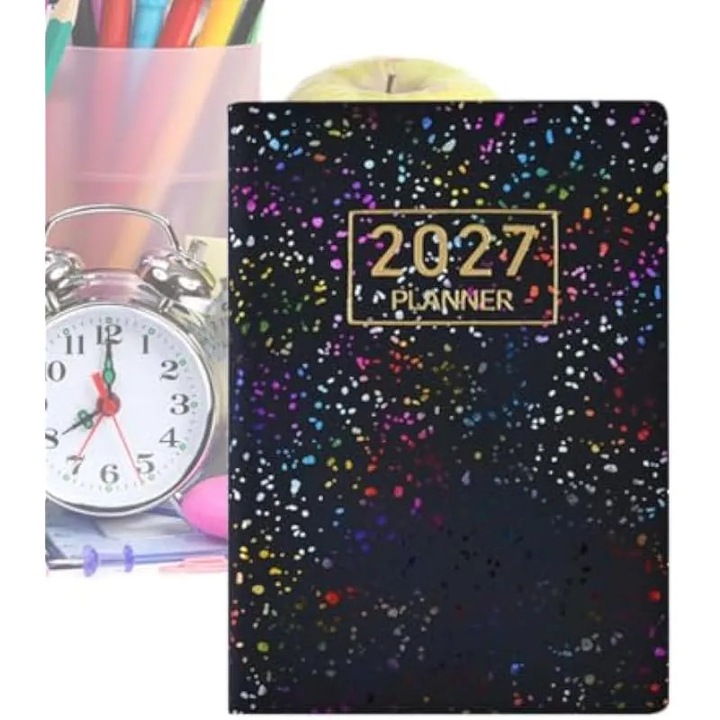 Agenda 2027 K0584-CJ-260821-699, planificator de buzunar A7 saptamanal si zilnic, bilingv (engleza), coperta neagra cu accente multicolore