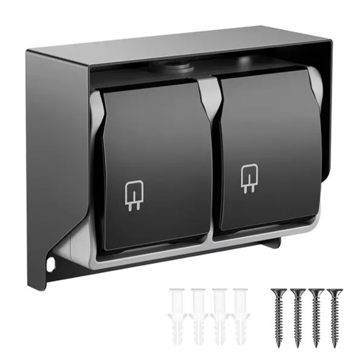 Priza exterioara aplicata ISINI-CJ-K0497-260821-684, 2 prize, IP44, din plastic, negru, 13,2 x 10,8 cm