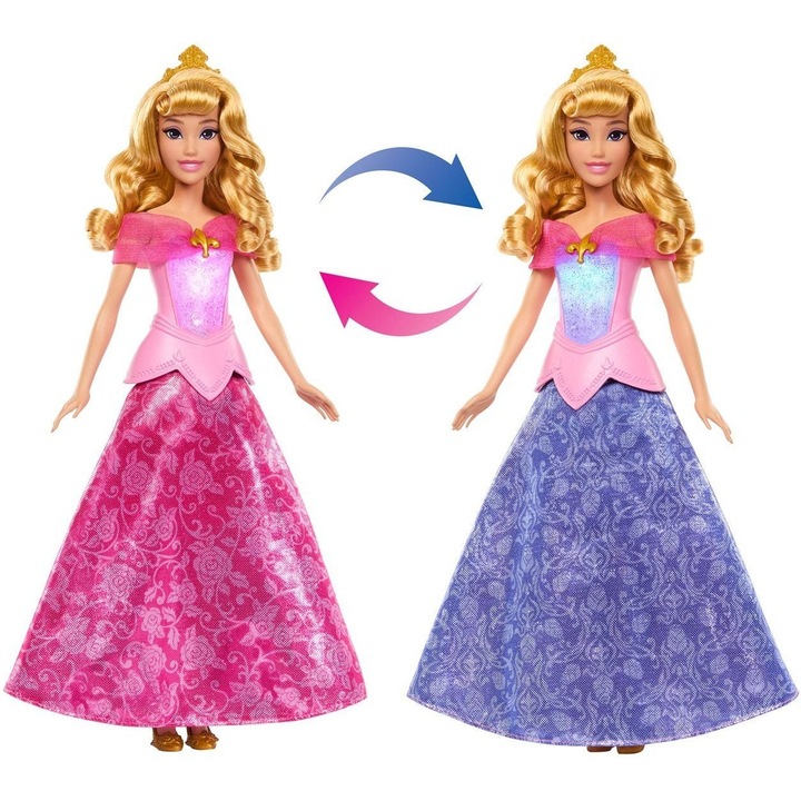 Papusa Mattel Disney Princess Aurora JLK24, rochie transformabila, roz/albastru