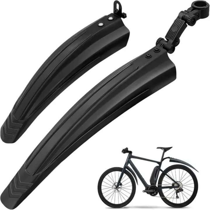 Set aparatori noroi pentru bicicleta PO-CJ-K0433-26-8-22-5009, ajustabile fata/spate, PVC rezistent, pentru roti 20–26 inch, negru, fata 90×300 mm / spate 90×380 mm