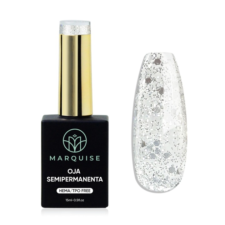 Oja semipermanenta Delis, Fantasy J938, glitter argintiu, HEMA/TPO FREE, 15 ml