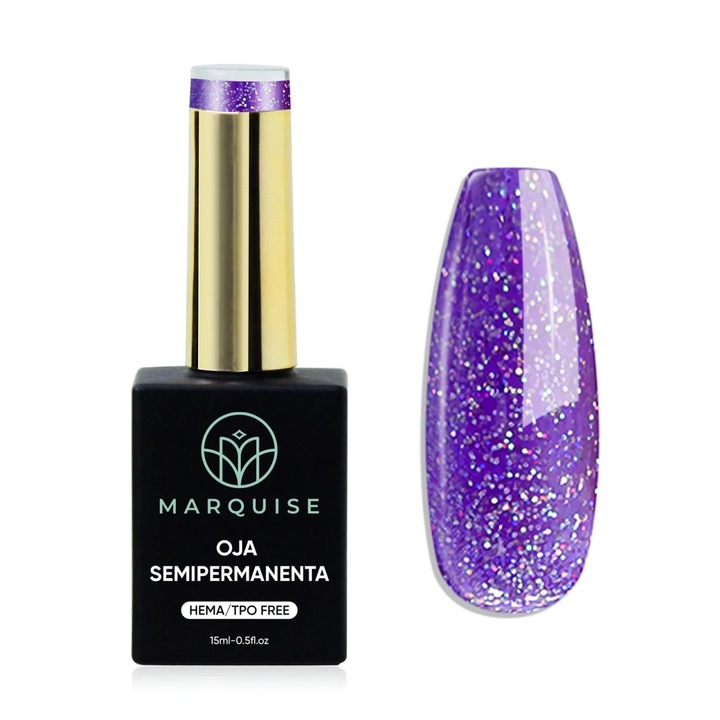 Oja semipermanenta Delis, Fantasy J969, HEMA/TPO Free, violet cu glitter holografic, 15 ml