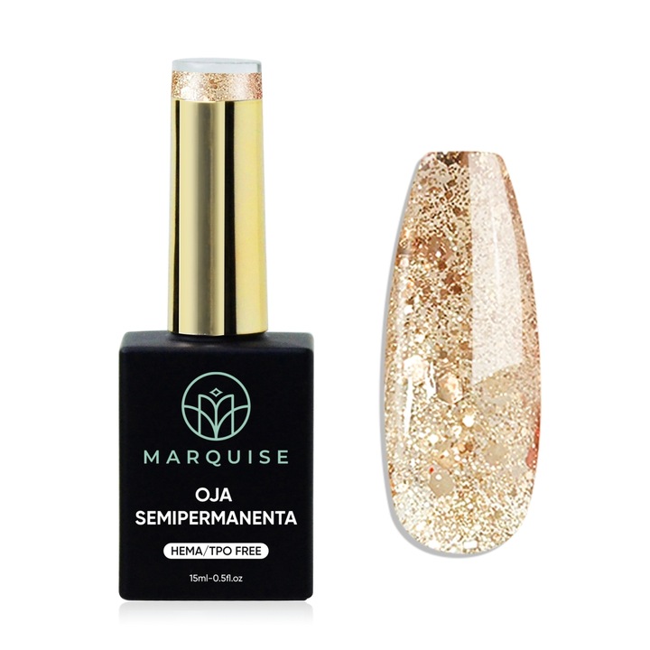 Oja semipermanenta Delis, Fantasy J941, HEMA/TPO FREE, glitter auriu champagne, 15 ml