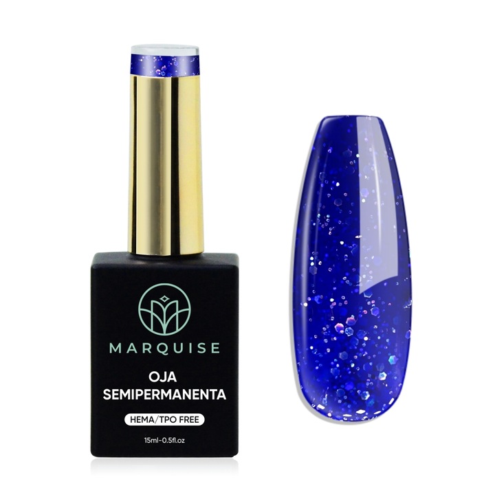 Oja semipermanenta Delis, Fantasy J984, HEMA/TPO FREE, albastru royal cu glitter, 15 ml