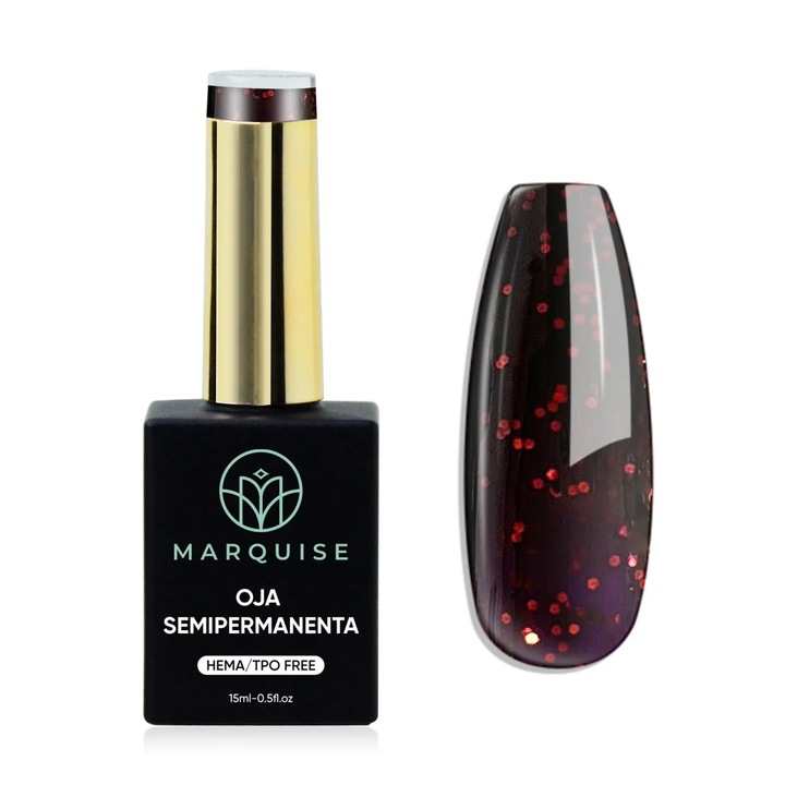 Oja semipermanenta Delis, Fantasy J1121, HEMA/TPO FREE, negru cu glitter rosu, 15 ml