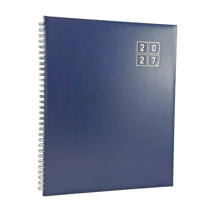 Agenda Datata 2027 pentru Programari, Format A4 (21x27 cm), 152 Pagini, Coperta Buretata Albastru Navy, Legare Spira Semiascunsa