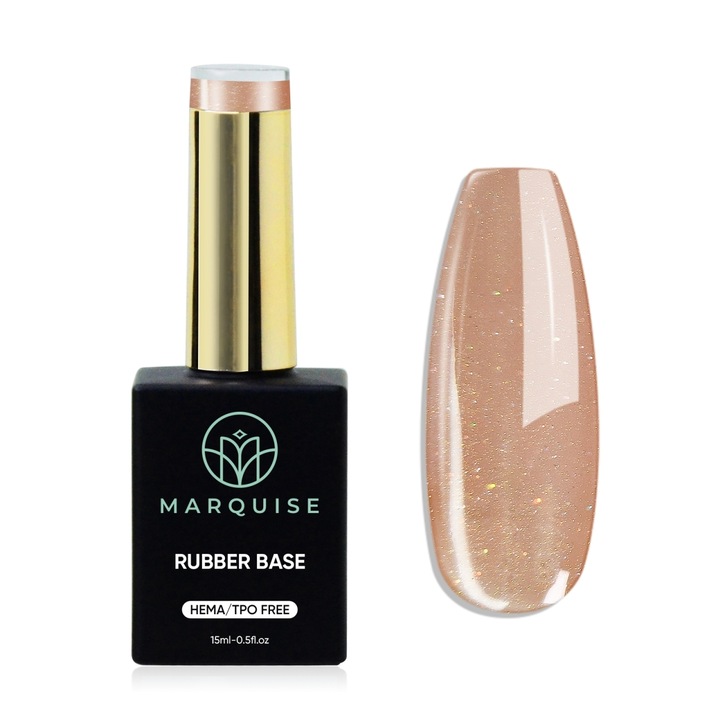 Rubber Base semipermanenta, Delis, Shimmer CBB119, Hema/TPO free, nude bej cu sclipici auriu, 15 ml