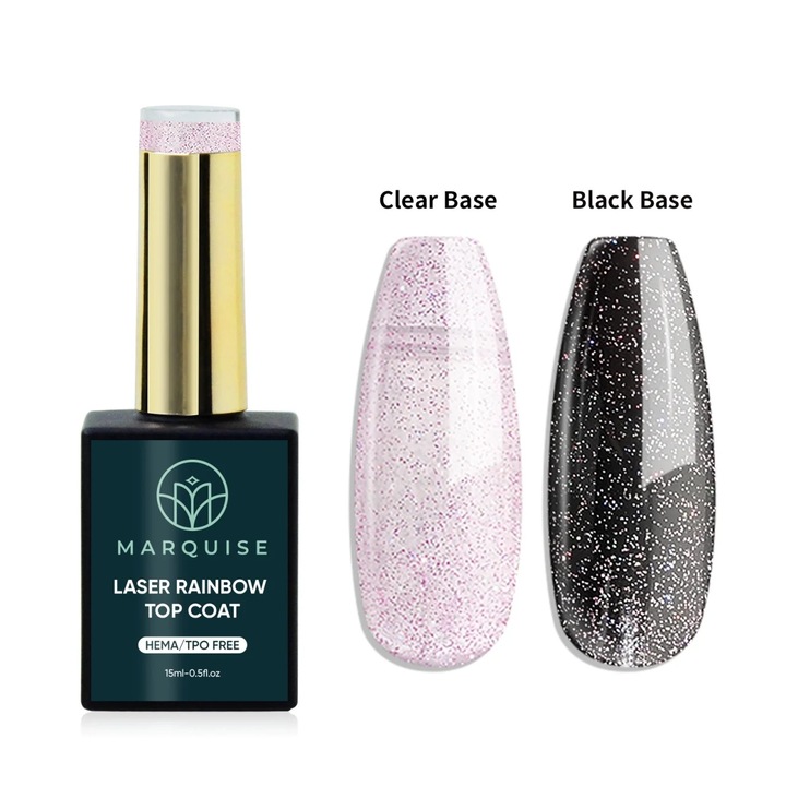 Top coat unghii semipermanent Delis, LSCH13 Laser Rainbow, efect sclipici roz curcubeu, HEMA/TPO Free, 15 ml