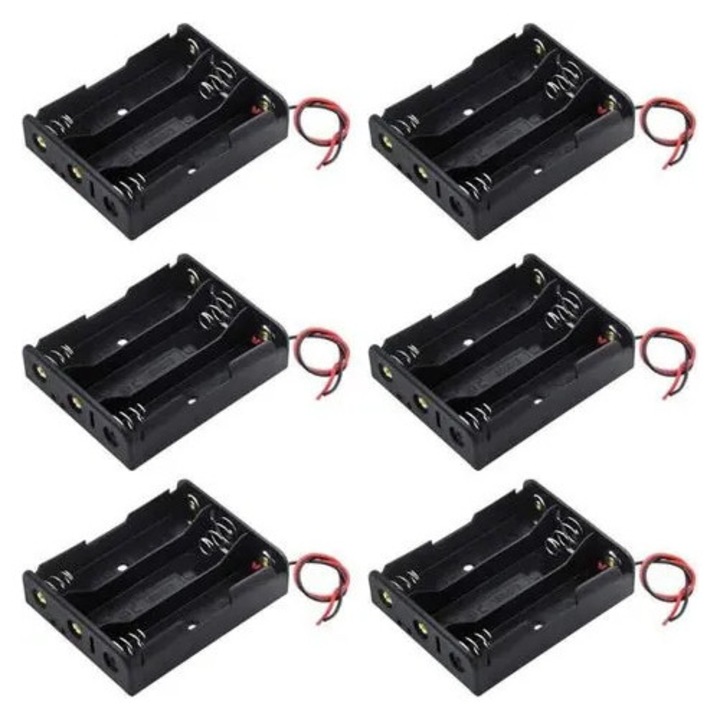 Suport baterii 18650 K0544-26822-1876-MLC, 3 sloturi pentru 3 x 3.7V 18650, carcasa plastic cu contacte metalice, cablu tinned 2 fire si pini pentru lipit, negru, 6 buc