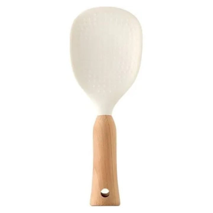 Lingura pentru orez din silicon cu maner din fag, varf antiaderent, suport integrat, alb/natural, K0544-26822-2356-MLC