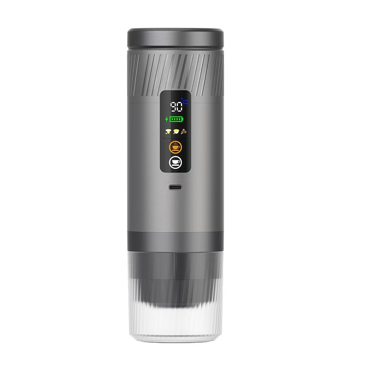 Espressor portabil K0204-20260822-26, pentru cafea macinata si capsule universale, incalzire wireless, afisaj digital, USB reincarcabil, gri-argintiu