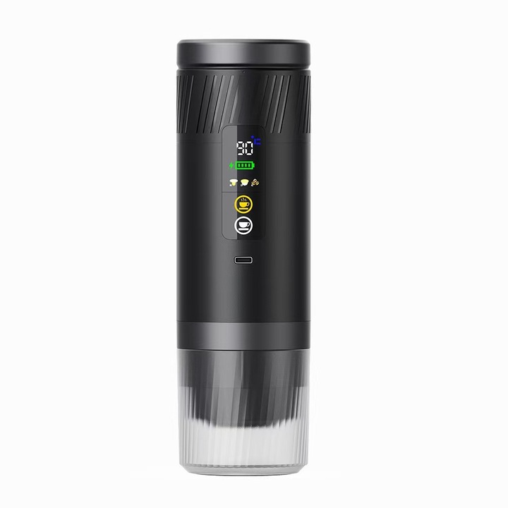Cafetiera portabila K0204-20260822-25, pentru capsule si cafea macinata, incalzire wireless, afisaj digital, USB, negru