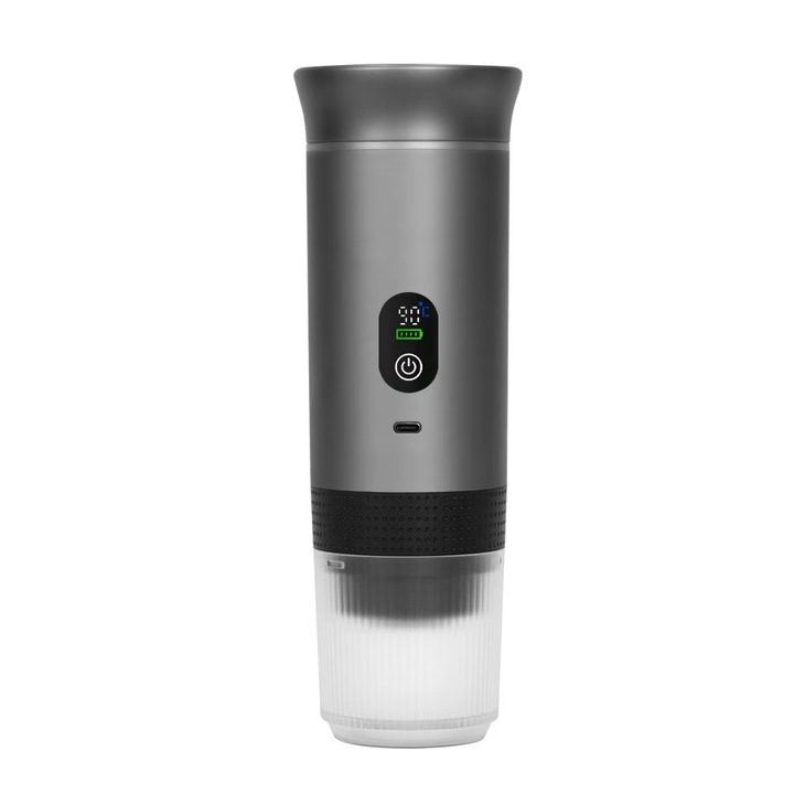 Cafetiera portabila K0204-20260822-22, compatibila cu capsule mari/mici si cafea macinata, incalzire wireless, afisaj digital, USB-C, gri