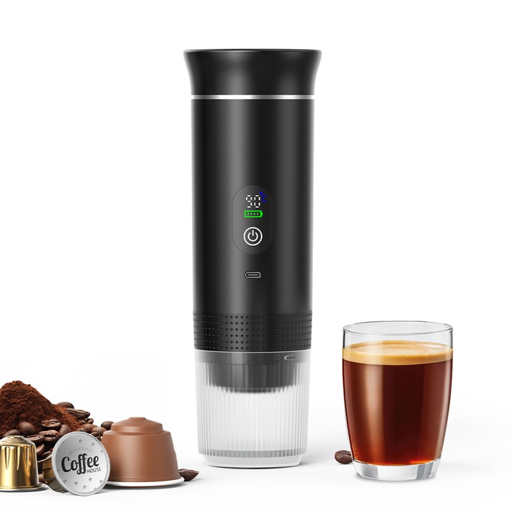 Espressor portabil K0204-20260822-21 pentru cafea macinata si capsule (mari si mici), incalzire wireless, ecran digital, USB, negru