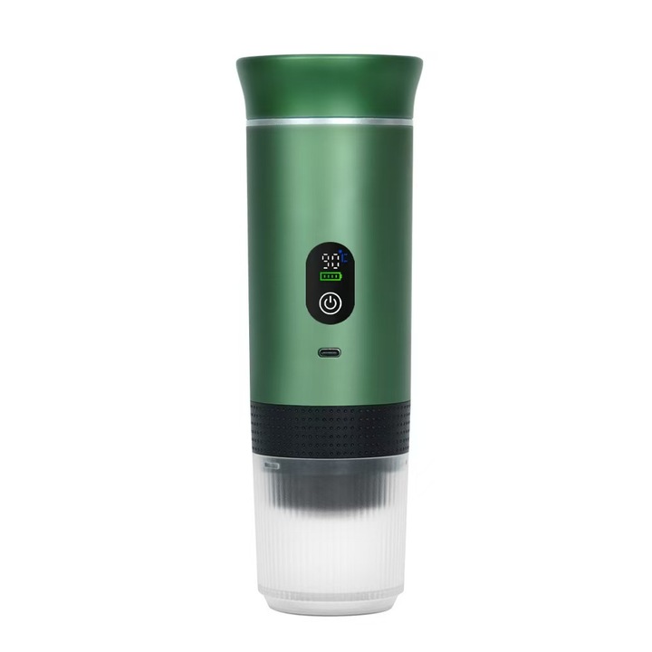 Espressor portabil K0204-20260822-24, pentru cafea macinata si capsule (mici si mari), incalzire fara fir, afisaj digital, incarcare USB-C, verde