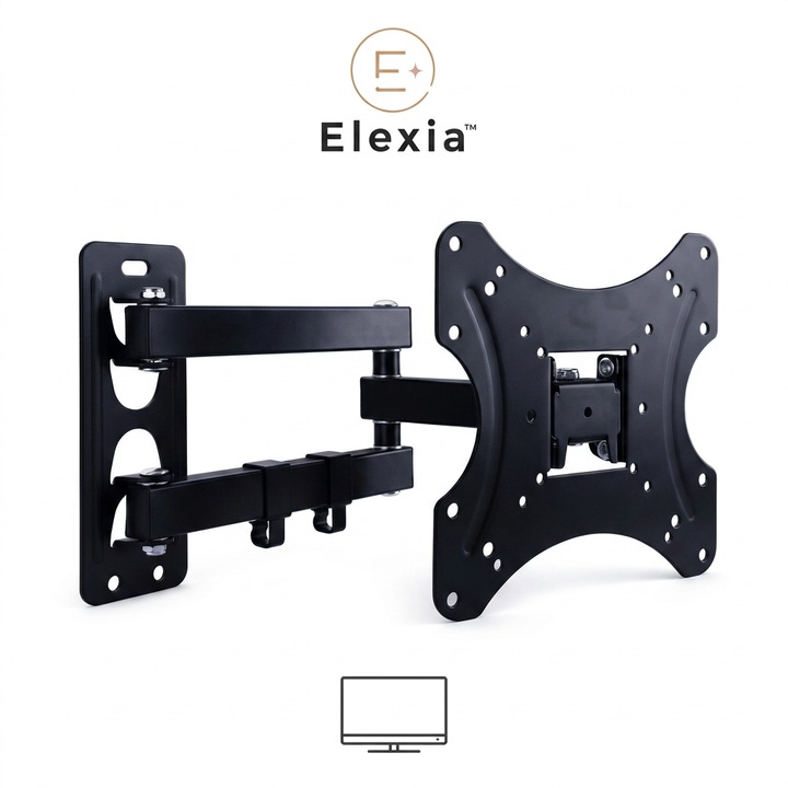 ELEXIA® Állítható és Dönthető TV tartó 14-42 hüvelyk, Támogatott súly 50 kg, VESA 75x75-200x200, Fém konstrukció TV-hez, 90°-os forgatás, 15°-os döntés, Összecsukható TV tartó, Otthonra és Irodába, Fekete