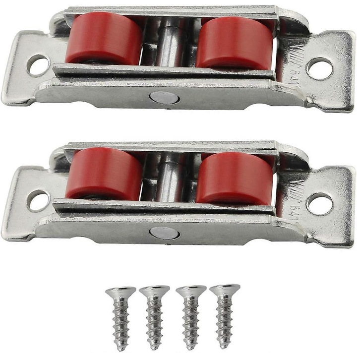Role pentru usi si ferestre glisante model eMAG-CJ19-fr2608220062, roti din nylon cu carcasa otel inoxidabil electroplacat, diametru roata 9 mm, dim. 64 x 16 x 13 mm, rosu, set 2 buc