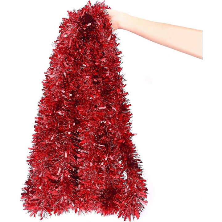 Ghirlanda de Craciun din tinsel PVC, 2 m x 9 cm, rosu metalic, foarte pufoasa