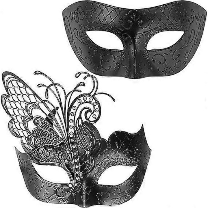 Set 2 masti venetiene din metal cu strasuri, masca fluture si masca semifata Phantom, negru