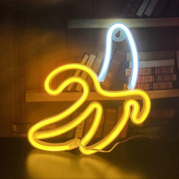Lampa neon LED banana, USB si pe baterii (3xAA), agatare/masa, galben/alb, 28 x 19 cm, eMAG-CJ19-fr2608220474