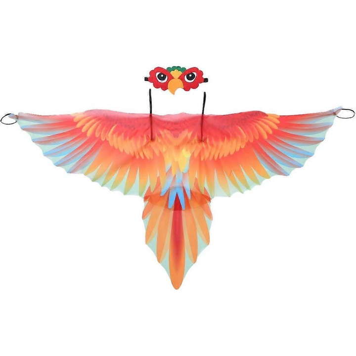 Set costum aripa de papagal pentru copii din poliester si chiffon, cu masca si bucle pentru incheieturi, multicolor, 120 x 68 cm