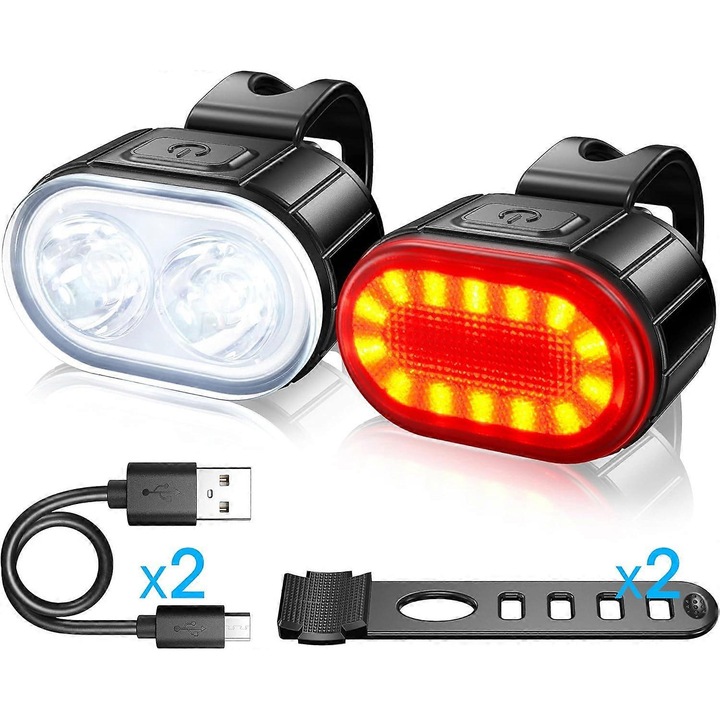 Set lumini pentru bicicleta eMAG-CJ19-fr2608220468, USB reincarcabile far + stop, far alb 350mAh (4 moduri) si stop rosu 230mAh (6 moduri), IPX5, montare cu curea siliconica, negru