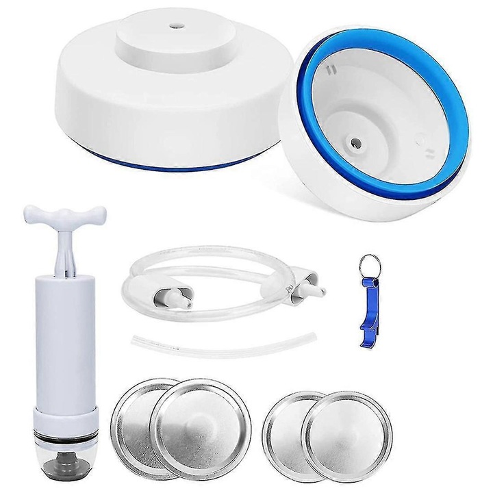 Kit sigilare vid pentru borcane Mason, eMAG-CJ19-fr2608220545, compatibil gura larga si normala, cu pompa manuala, tub si capace, alb