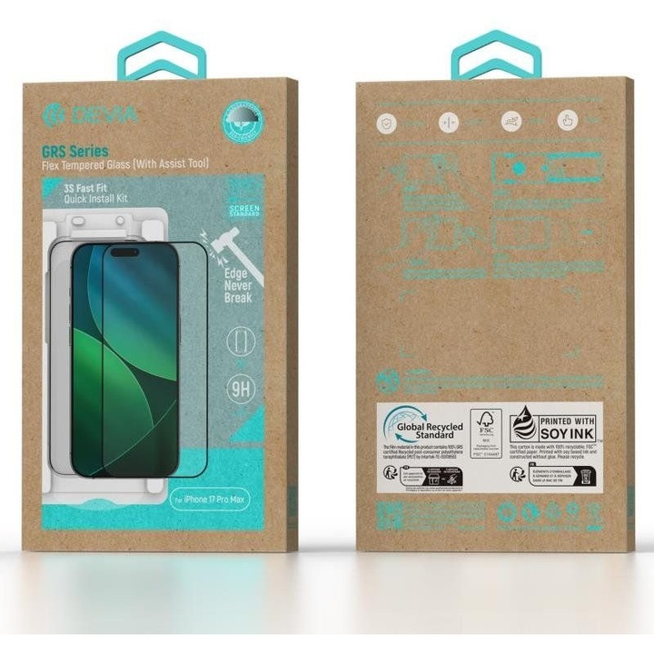 Folie sticla securizata Devia GRS Series Flex pentru iPhone 17 Pro Max, full face, kit instalare rapida cu instrument, 9H, negru, 1 buc