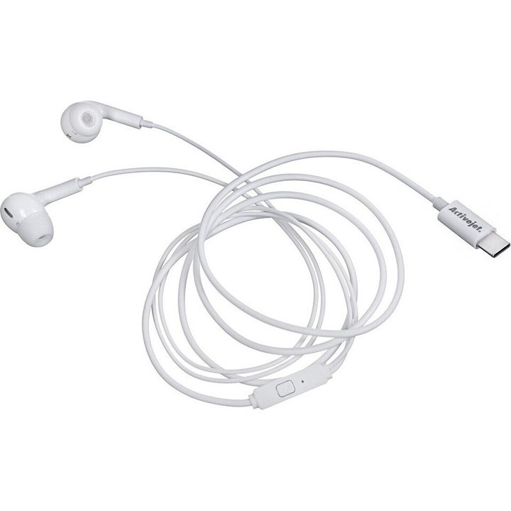 Casti cu fir Activejet ActivejetSluchawkiprzewodowe, USB Type-C, cu microfon si buton de control, cablu 1.2 m, alb