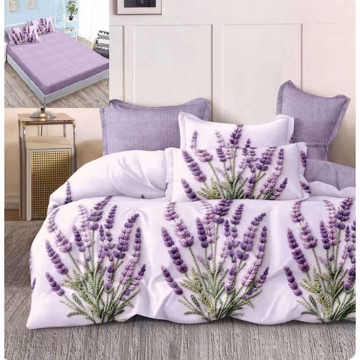 Lenjerie pat dublu Finet Gros 6 piese, NufJoy®, Cearceaf cu elastic universal pentru saltea 160x200 cm/180x200 cm, cearsaf pilota 200x230 cm, 2 fete perna 70x70 cm, 2 fete perna 50x70 cm, HF101