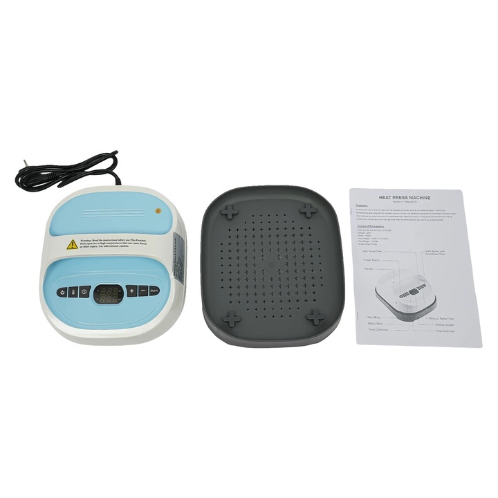 Hordozható hőprés 21x24 cm, 8785371285752 modell, 540W, hőmérséklet 0–250°C, időzítő 0–999s, 220V, túlmelegedés elleni védelem, ABS, kék