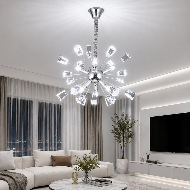 Candelabru Elegant Argintiu cu 8 Socluri E14, Diametru 60 cm, Metal si Sticla, pentru Living, Dining, Dormitor, Hol, Restaurant, Hotel, Design Modern Luxury L31/600CH