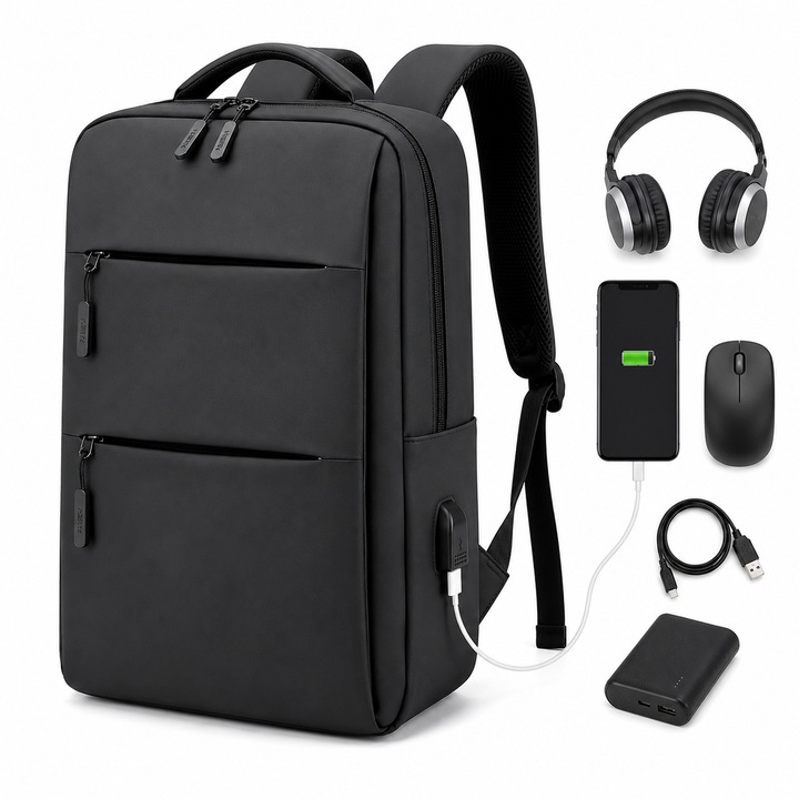 Rucsac Laptop 15.6 Inch, 3 Compartimente cu Fermoar, Port USB, Design Business, Bretele Captusite, Negru, 42x30x12 cm