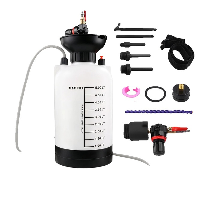 Pompa extractoare pentru ulei pneumatica, model 8785368833508, rezervor 5 L, vizor transparent, adaptoare multiple, alb