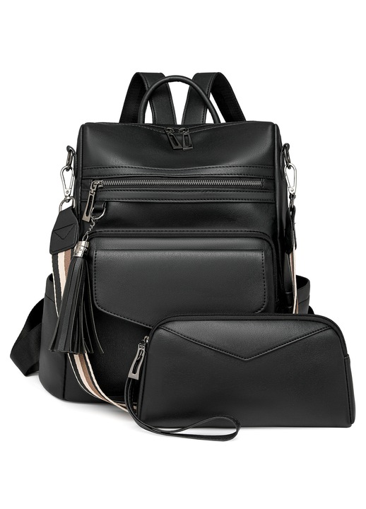 Set rucsac convertibil si clutch din piele PU, cu ciucure si curea detasabila tip banderola, negru, k0206-260822-420