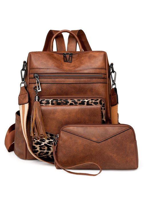 Rucsac dama din PU, convertibil, cu clutch portofel asortat, imprimeu leopard, maro, set 2 piese, model k0206-260822-425