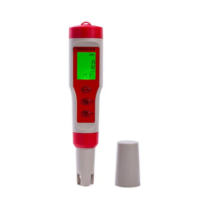 Tester pH/TDS/EC/temperatura emag-FYN-K0206-260820-1270, pH 1–14, TDS pana la 9999 ppm, EC pana la 19999 μS, afisaj dual temperatura, rosu/alb