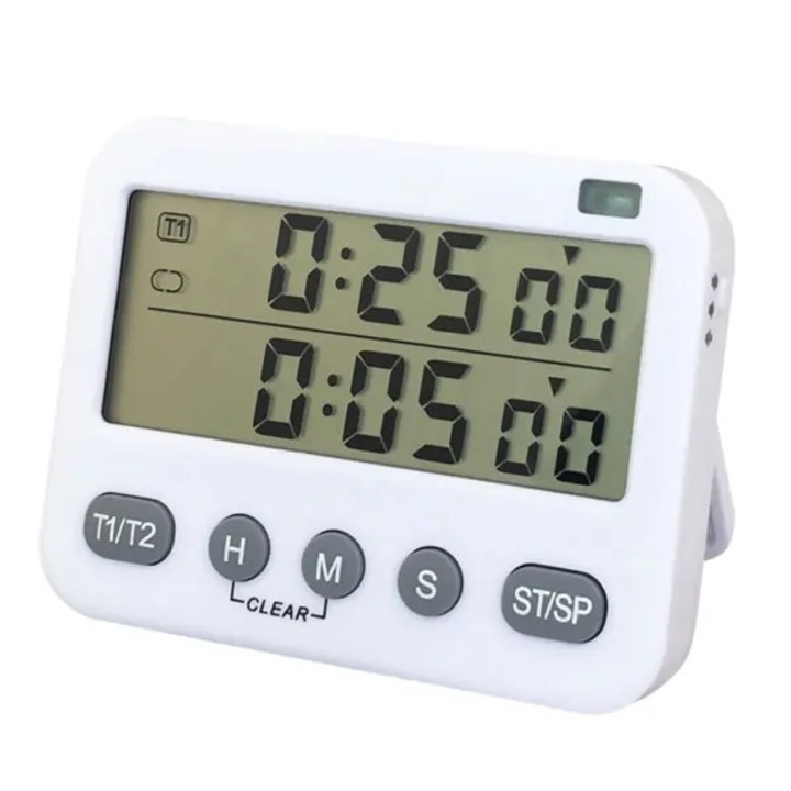 Timer digital de bucatarie emag-FYN-K0206-260821-1442, dublu cu afisaj dual si contoare separate, numaratoare inversa cu secunde, 3 niveluri de sunet, magnetic, alb