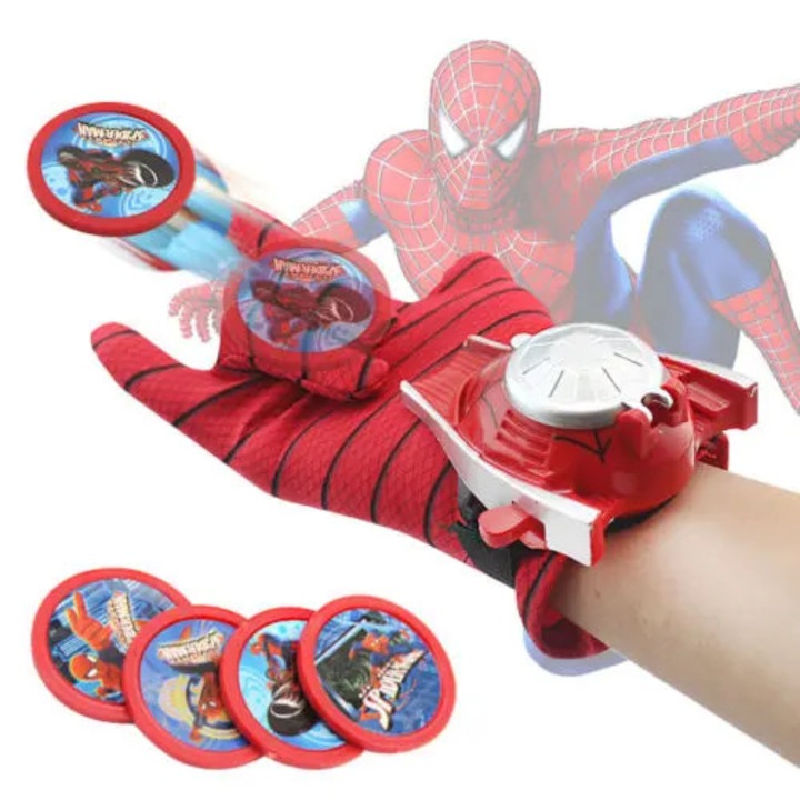 Manusi textile cu lansator de discuri Spider-Man, rosu, pentru copii