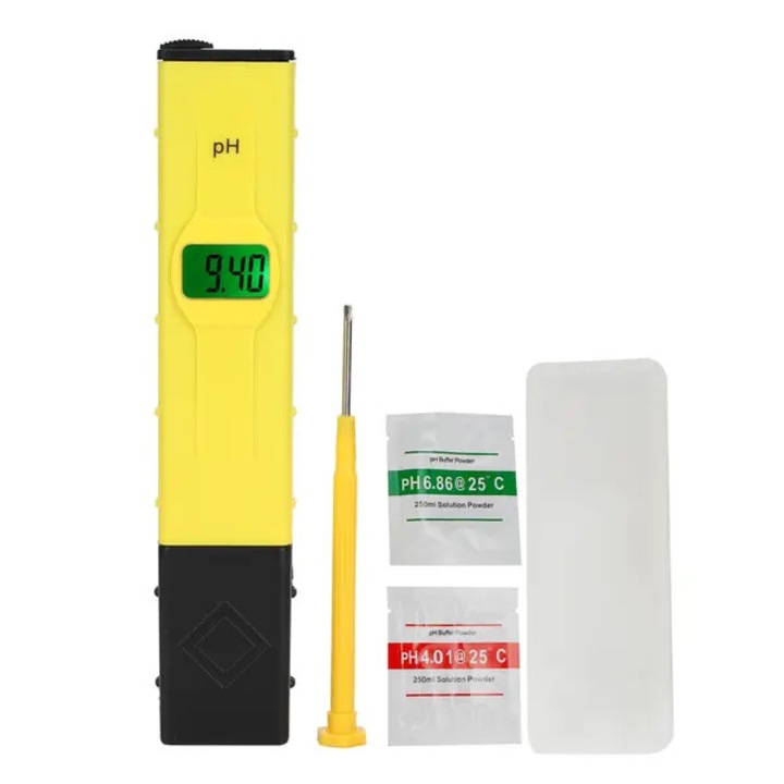 Tester pH portabil emag-FYN-K0206-260820-1163, acuratete ±0,01 pH, interval 0,00–14,00 pH, compensare temperatura 0–50 °C, include solutii calibrare 4.01/6.86, galben
