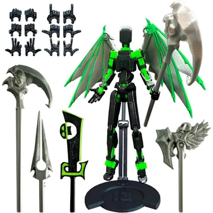 Артикулирана фигурка T13 Demon, предварително сглобена, 3D принтирана, с множество стави, множество аксесоари и стойка, зелено-черна