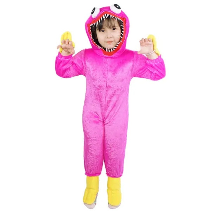 Costum copii din poliester Huggy Wuggy Poppy Playtime cu gluga si accesorii galbene, roz, XL (140)