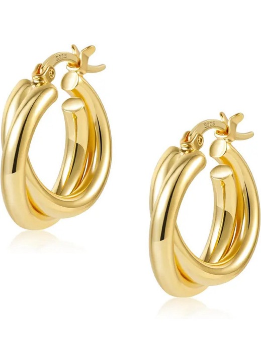 Cercei hoop mici din alama placat cu aur 14K, design rasucit dublu, auriu, 22 mm
