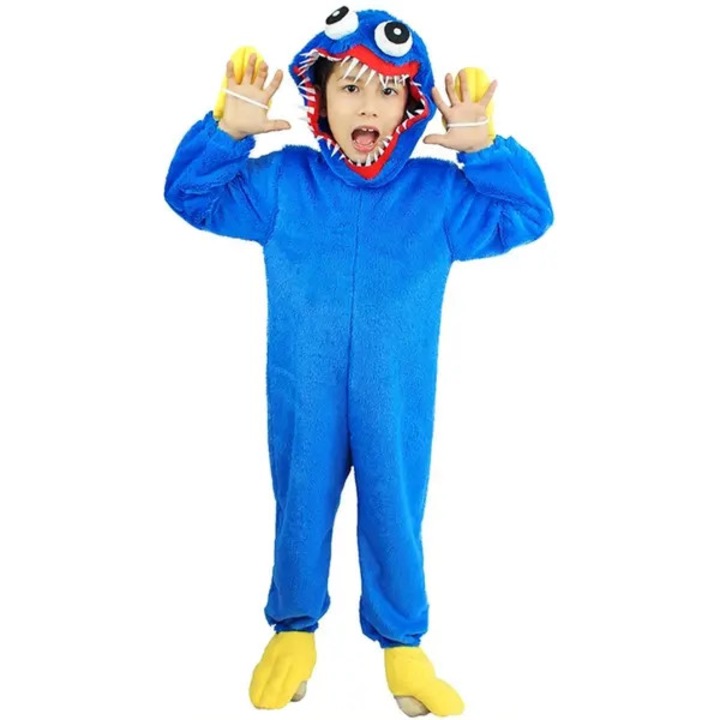 Costum copii Huggy Wuggy Poppy Playtime, poliester, gluga cu ochi si dinti, albastru, marimea L (130)