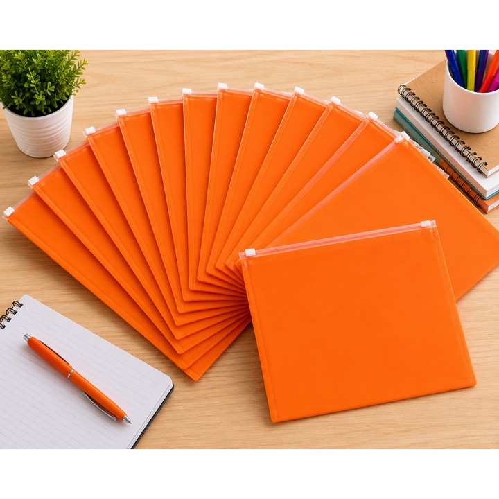 Set 12 Mape cu Fermoar VisionXXI, 33 x 25 cm, Plastic Mat, Gros si Rezistent, pentru Scoala, Birou si Documente, Portocaliu