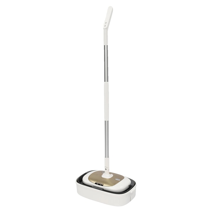 Mop electric fara fir 9501445592620, cu doua motoare 40W, 150 RPM, cap rotativ 180°/90°, pulverizare apa cu buton, rezervor 0,11 gal, baterie litiu reincarcabila, alb
