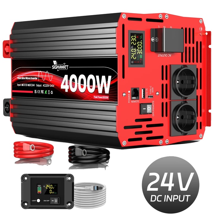 Tiszta szinuszos inverter 24V 4000W (8000W csúcs) 8785368346664 modell, AC 220V 50Hz kimenet, 90% hatásfok, USB-C 30W, kijelzővel és távirányítóval, piros/fekete